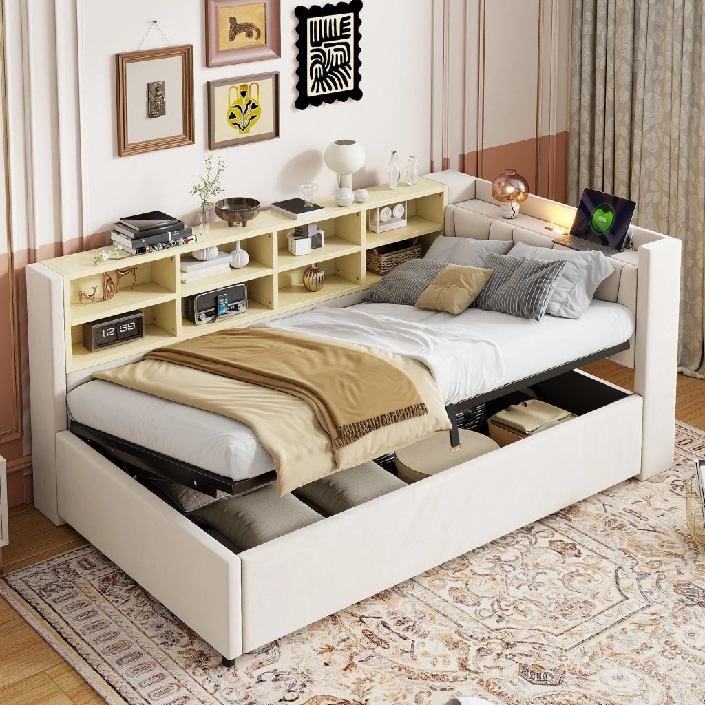 Letto imbottito con funzione divano letto in velluto beige 90x200 cm