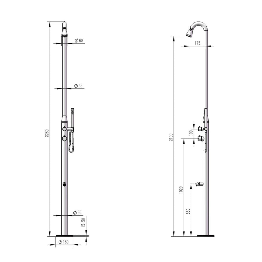 Doccia da Giardino 228x18x17,5 cm con Soffione Lavapiedi e Doccetta Sined Stintino Inox