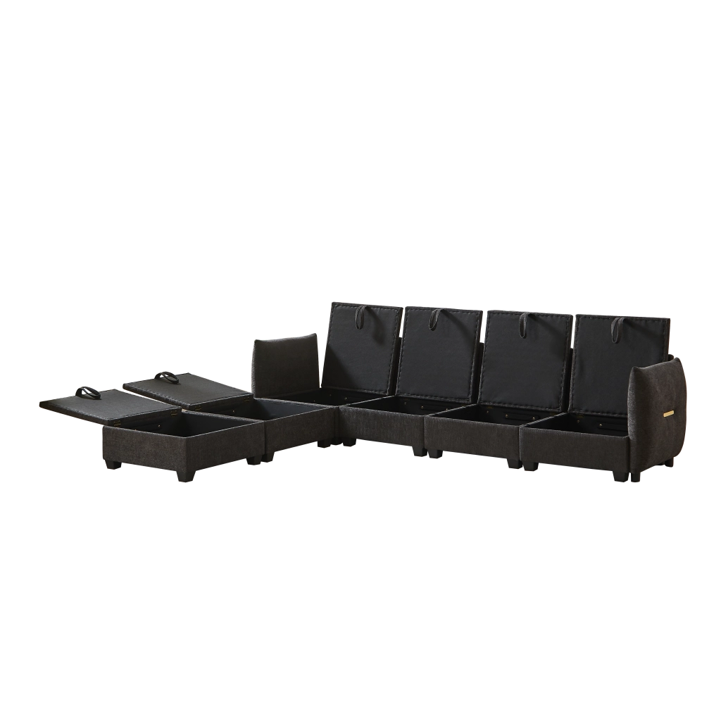 Divano U Modulare con Contenitore ¨C MINIMAL ¨C Chenille, Cuscini, Poggiapiedi, Legno Massello