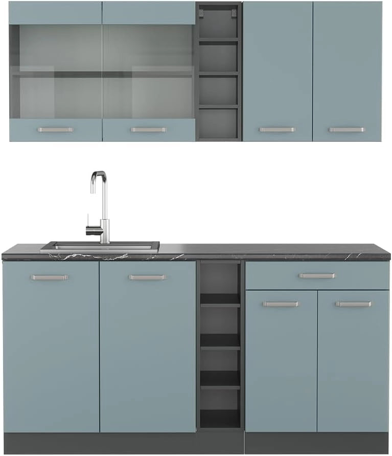 Cucina monoblocco R-Line, Blu-grigio/antracite, 160 cm Senza piano di lavoro, adatto per l'espansione individuale con moduli aggiuntivi