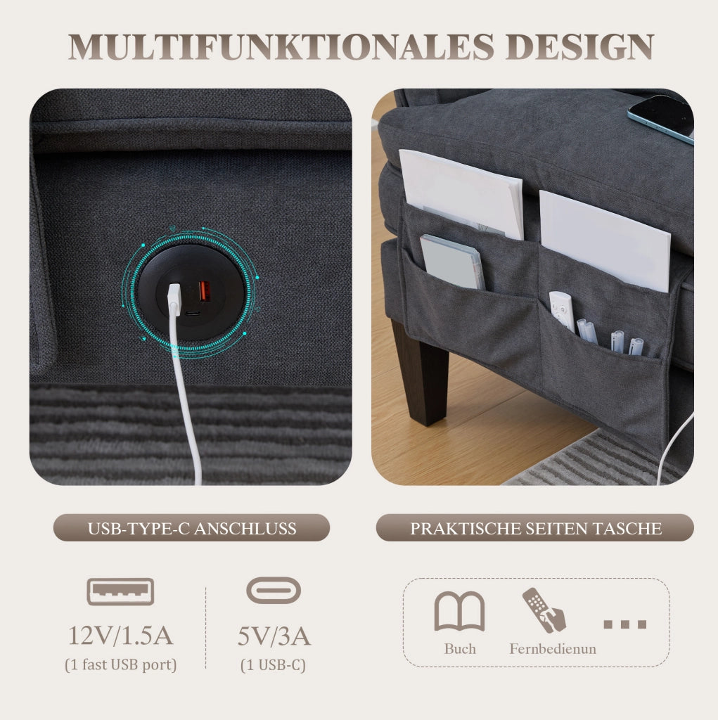 Divano angolare a U 4 posti in tessuto effetto lino; 250x130x88 cm; grigio scuro