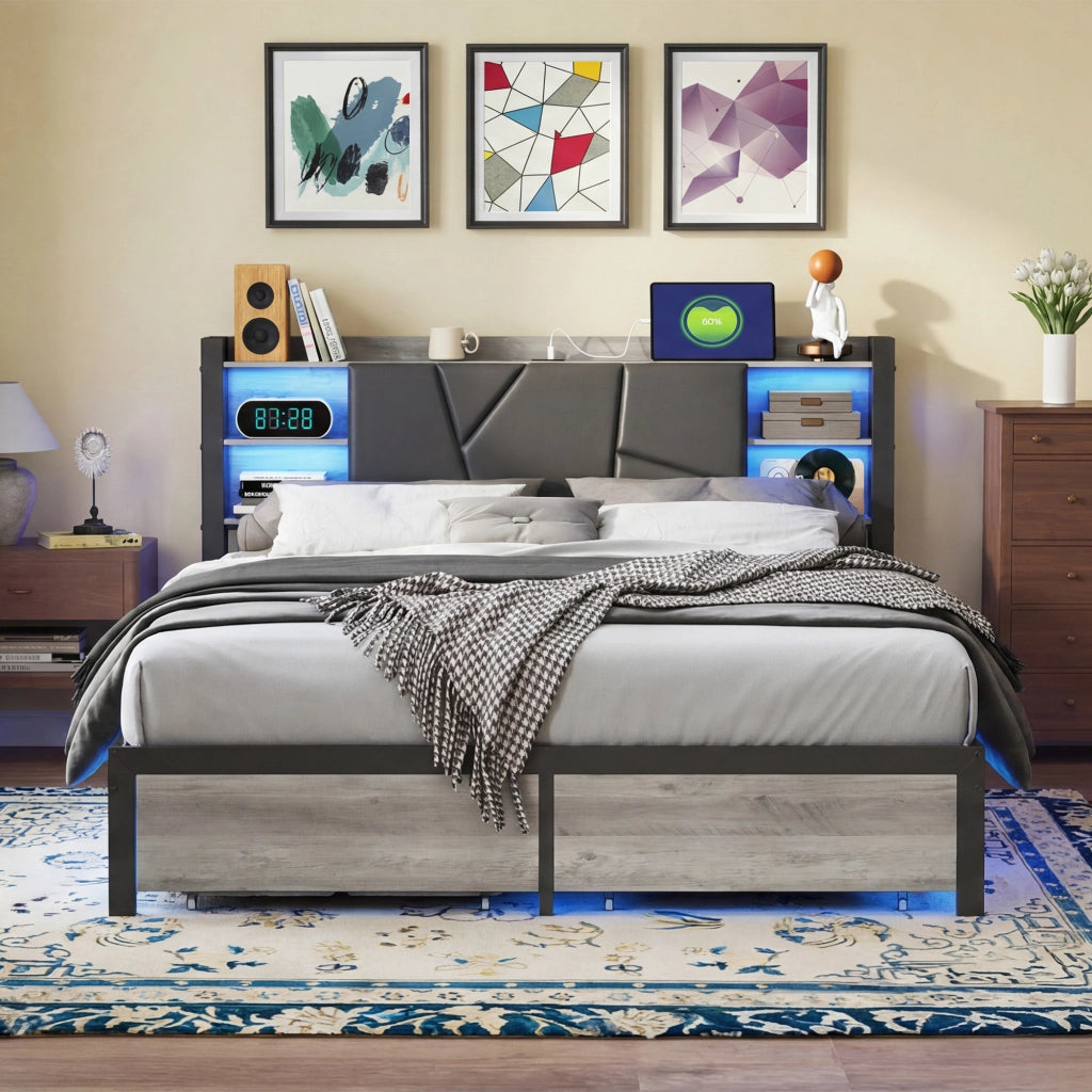 Letto 140x200 cm con cassetti; LED e porta USB in truciolare nero
