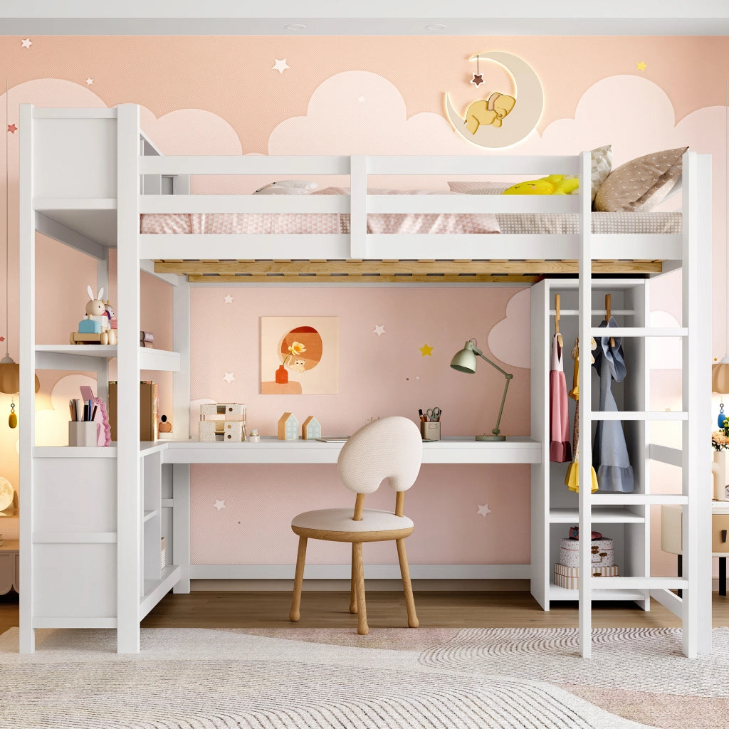 OKWISH Letto a soppalco 140×200 cm, Letto Matrimoniale con Scrivania, Armadio e Scaffali Contenitore, senza Materasso, in Pino, Bianco