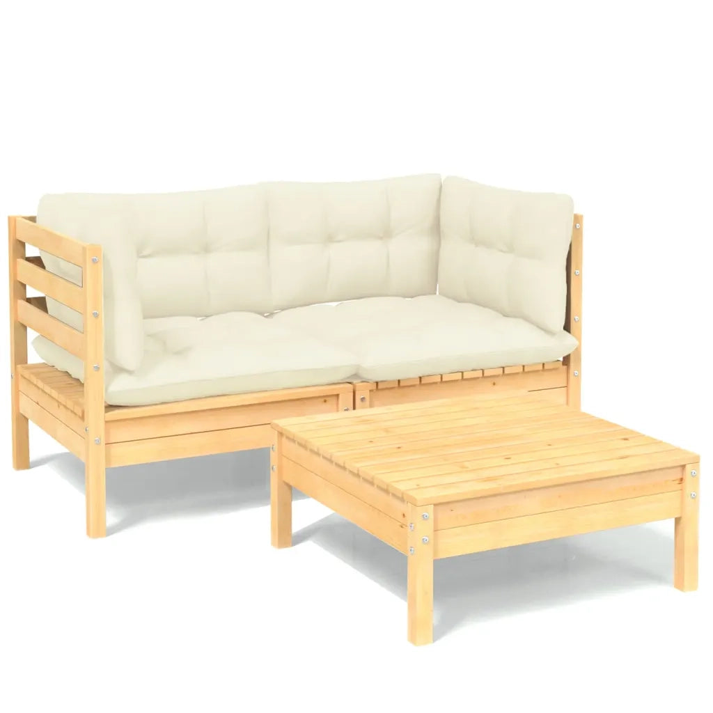 Set Salotto da Giardino 3 pz | Set di Mobili da Esterno con Cuscini Crema Legno di Pino