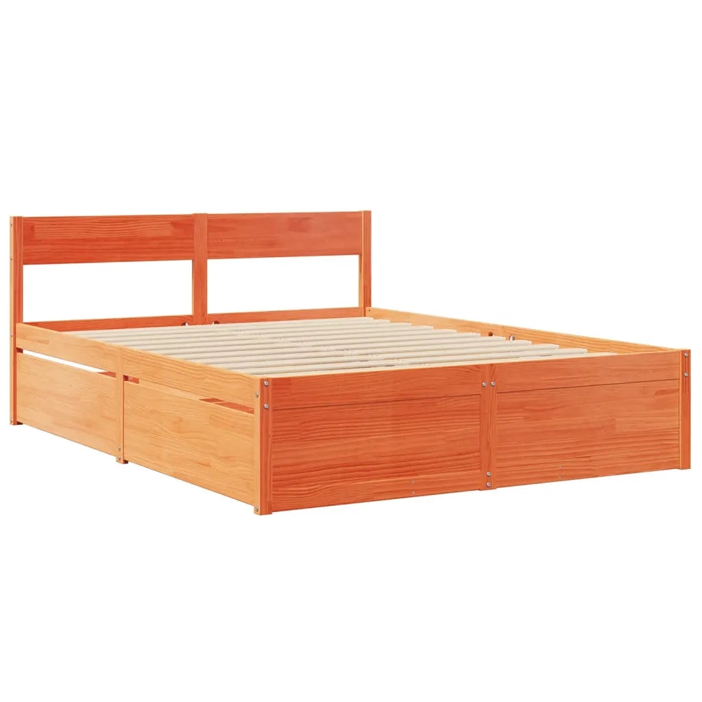 Letto Cassetti e Materasso Marrone Cera 140x200cm Massello Pino
