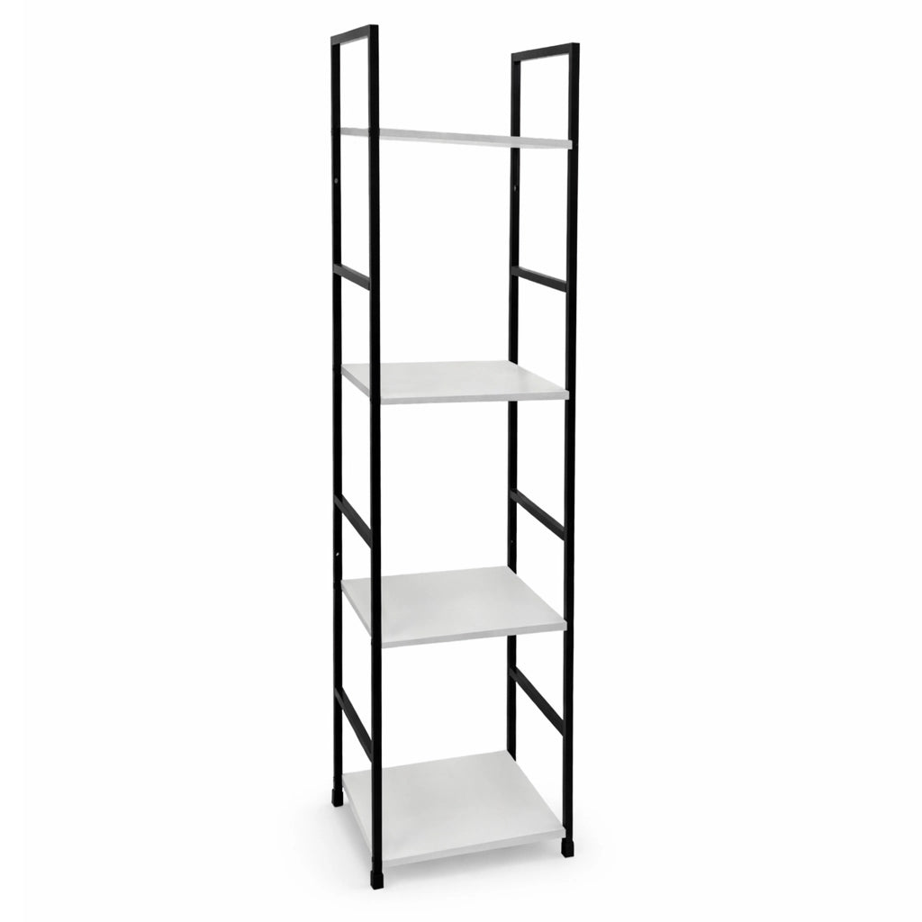 Mobile Scaffale Industrial 4 Ripiani Metallo Nero Legno Mdf Bianco 29x24 H112cm