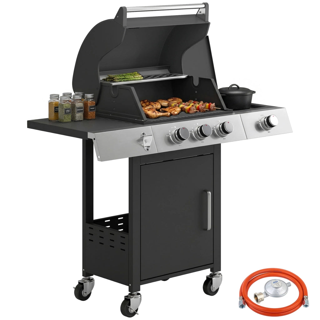 Barbecue a Gas con 3 Fuochi e Bruciatore Laterale, 109x50x109 cm, Nero