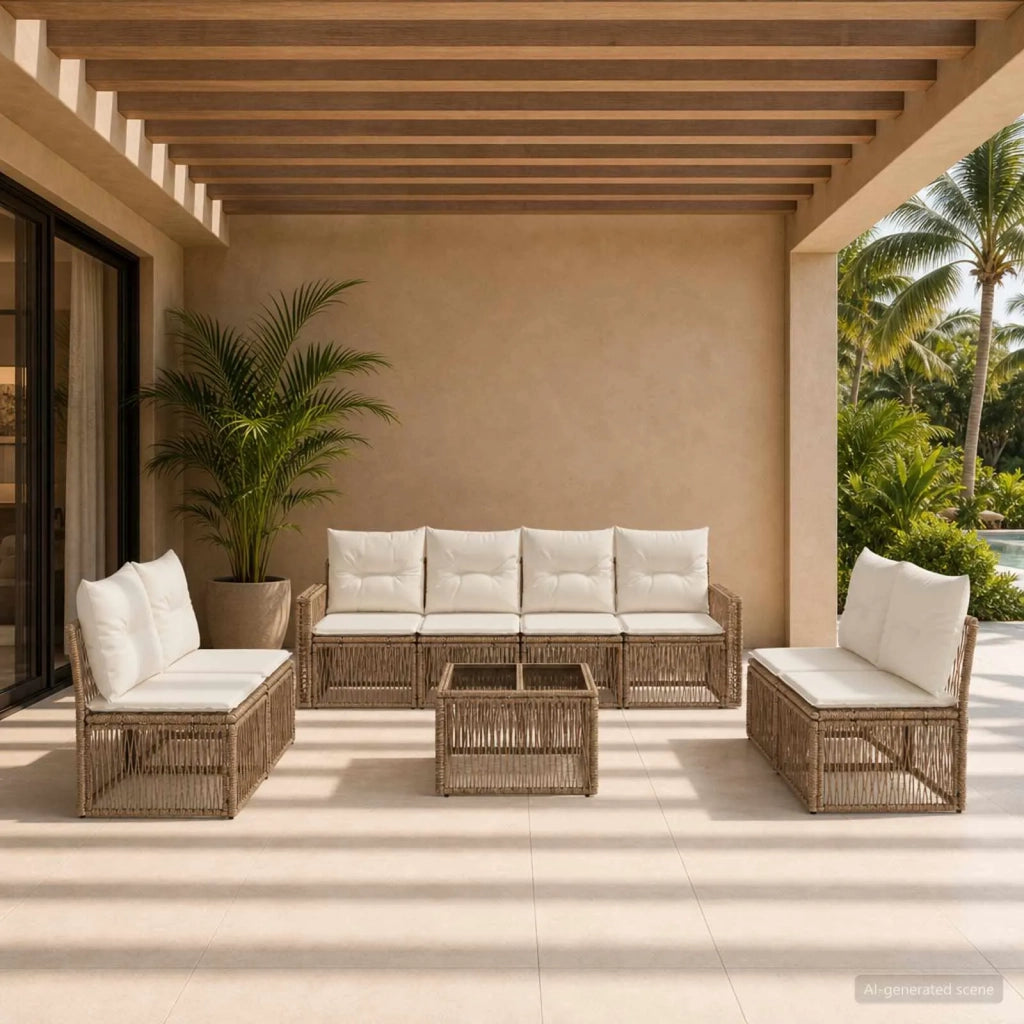 Set Divano da Giardino 9 pz Beige e Bianco Crema polyrattan 3435102