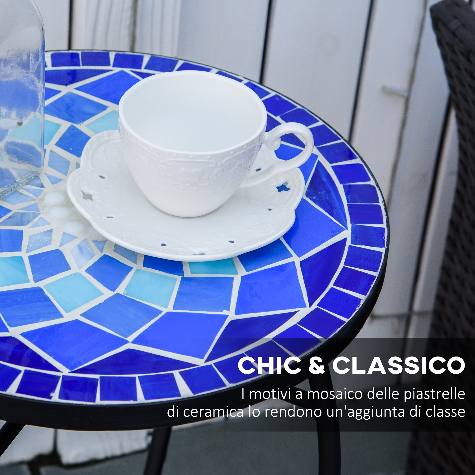 Tavolino da Giardino Ø35,5x53,5 cm in Metallo con Mosaico Blu