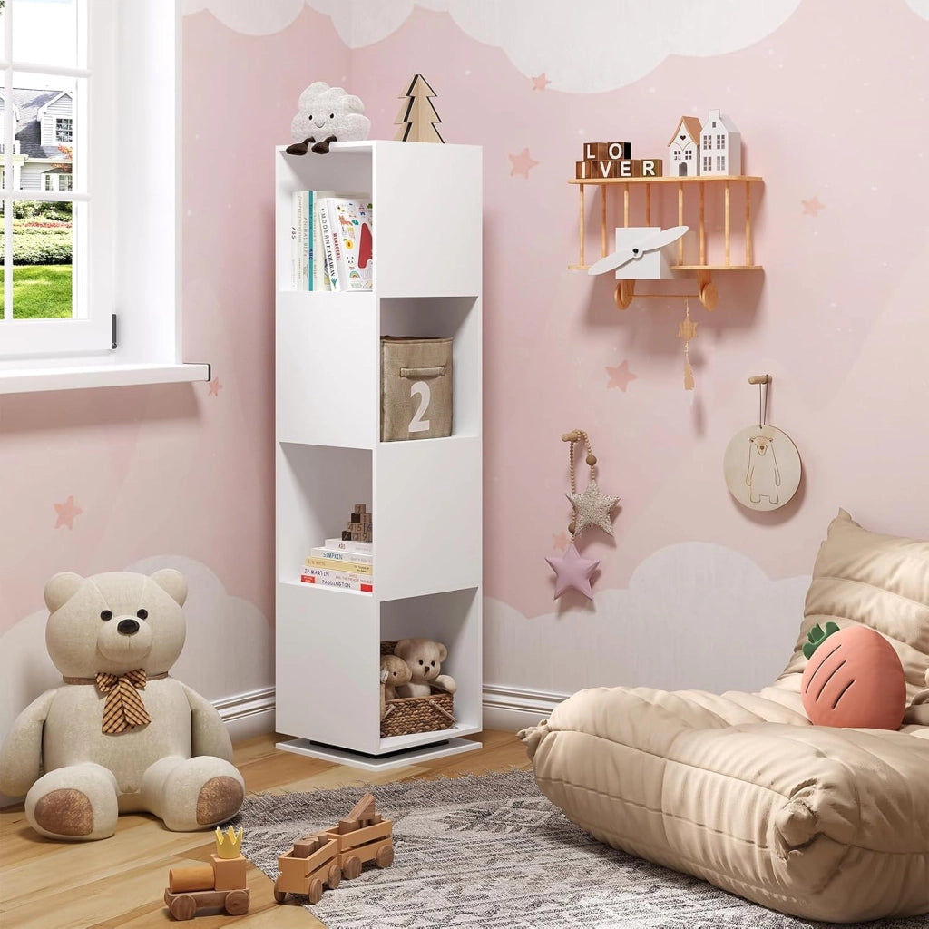 Libreria Girevole a 4 Piani, Saffale Salvaspazio, Libreria Bianca per Camera da Letto, Soggiorno, Ufficio, Studio, 35 x 145 x 35 cm