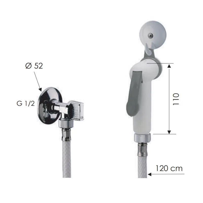 Set doccetta bidet eco con doccia a pulsante bianca, flessibile, rubinetto e gancio bianco