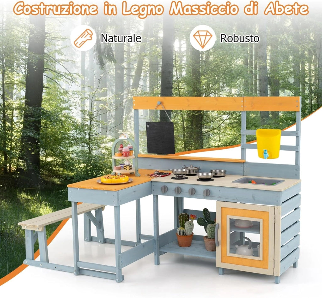 Cucina Giocattolo per Giardino con Tavolo e Panchina da Picnic, Cucina per Bambini in Legno di Abete con Fornelli, Lavandino, Lavagna e Forno, con 17 Accessori, 150 x 71 x 98 cm (Grigio 1)