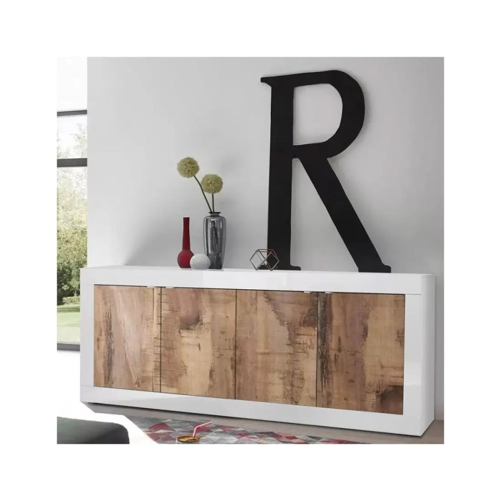 Buffet 4 porte, collezione ISORA, color bianco e rovere chiaro, ideale per un soggiorno o una sala da pranzo moderna