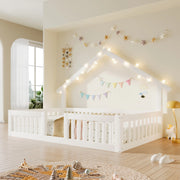 Letto casetta bianco 90x200 cm in MDF e pino con sponde di sicurezza e luci LED