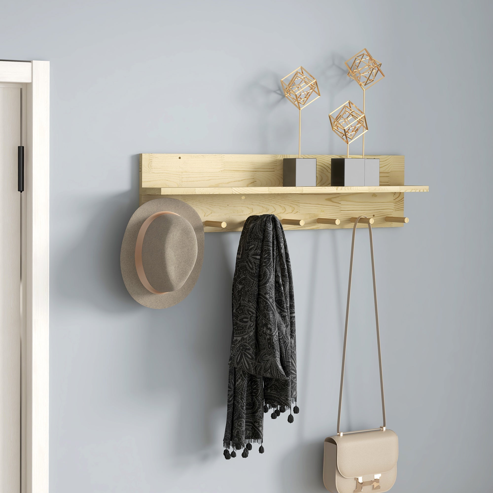 Mensola da Parete con 7 Ganci per Ingresso e Soggiorno 80x12x20 cm in Legno di Abete