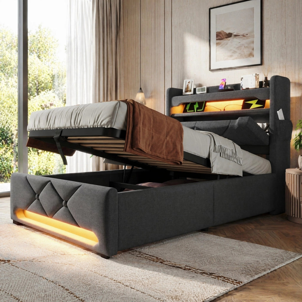 LETTO imbottito 90x200 cm Grigio in lino con materasso incluso