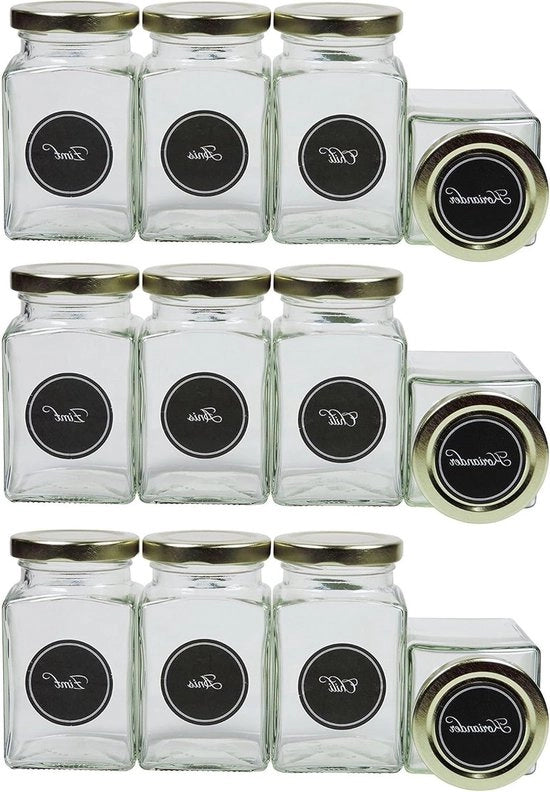 12 contenitori quadrati per erbe 260ml - 24 etichette per erbe - coperchi dorati Contenitori per erbe quadrati
