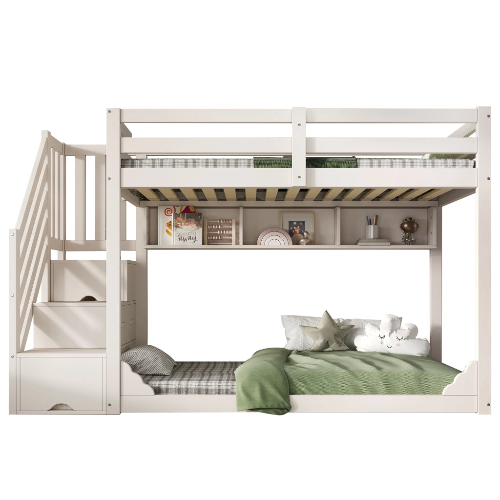 Letto a Castello 90x200 cm e 90x200 cm - Scala Contenitore e Mensole - Bianco