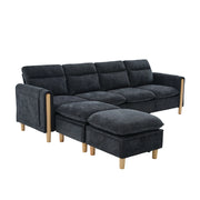 Divano modulare ad angolo a U 4 posti in tessuto Chenille nero con 2 pouf contenitori e gambe in legno