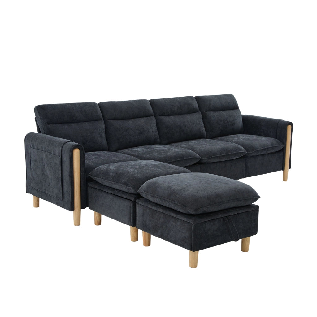 Divano modulare ad angolo a U 4 posti in tessuto Chenille nero con 2 pouf contenitori e gambe in legno