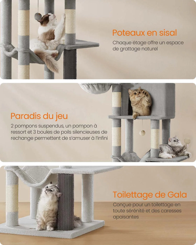 Tiragraffi a torre per gatti alto 175 cm rifugio per gatti a più livelli con 2 nicchie 2 cestini 5 tiragraffi trespolo autopulente amaca grigio tortora 12_0003886