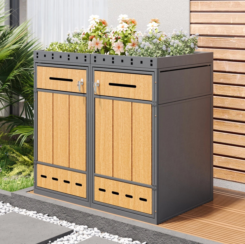Box per raccolta differenziata da esterno con fioriera; 2 scomparti; acciaio; grigio/effetto legno
