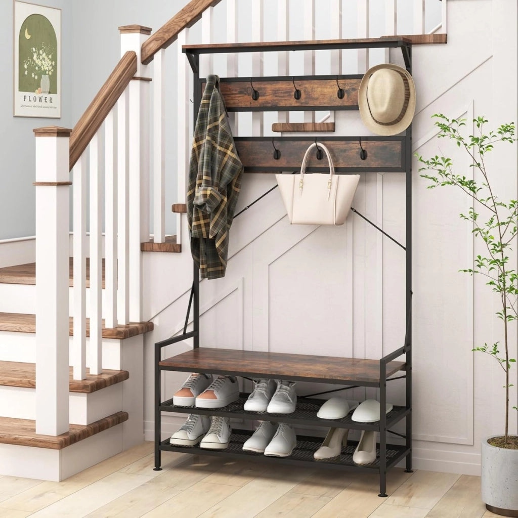 Appendiabiti albero da ingresso 4-in-1 con 11 ganci, Panca per scarpe scarpiera a 2 ripiani Marrone