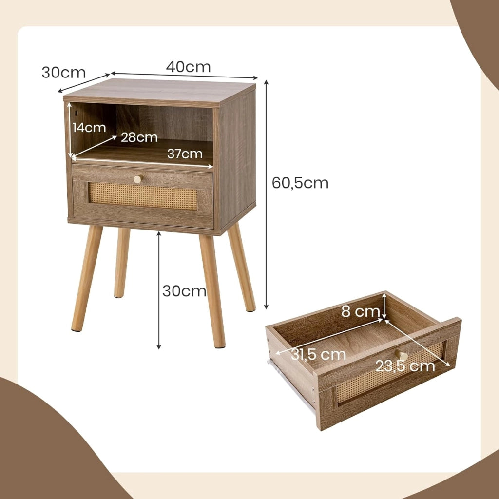 Set di 2 comodini con cassetto in rattan e ripiano aperto, tavolino con gambe in legno massello, comodino in stile boho, per camera da letto, soggiorno, 40 x 30 x 60,5 cm