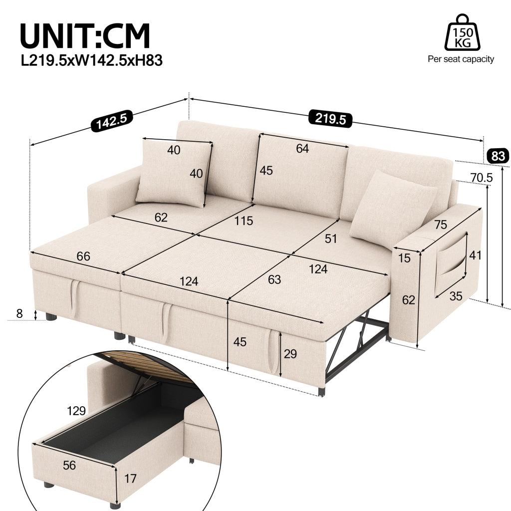 Divano letto multifunzione a L con contenitore e tasche laterali con cuscini in tessuto effetto lino beige