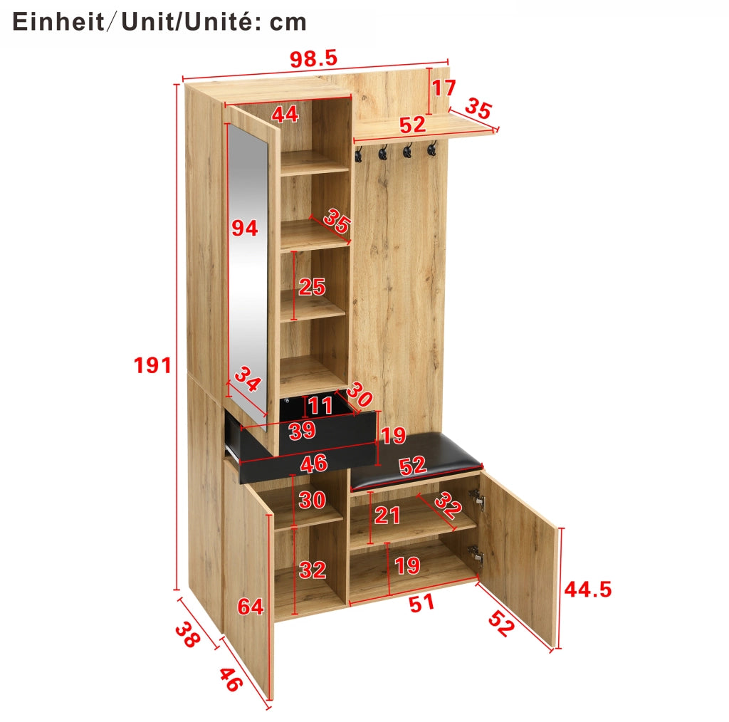 Mobile ingresso con specchio; 5 ganci; panca e scarpiera 98;5x38x191 cm; MDF nero e naturale