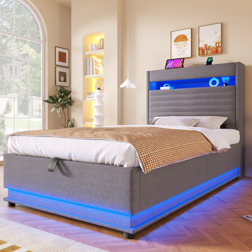 Letto Contenitore 90x200 cm; USB; Type-C; LED; con Testiera Imbottita; in Lino; Grigio