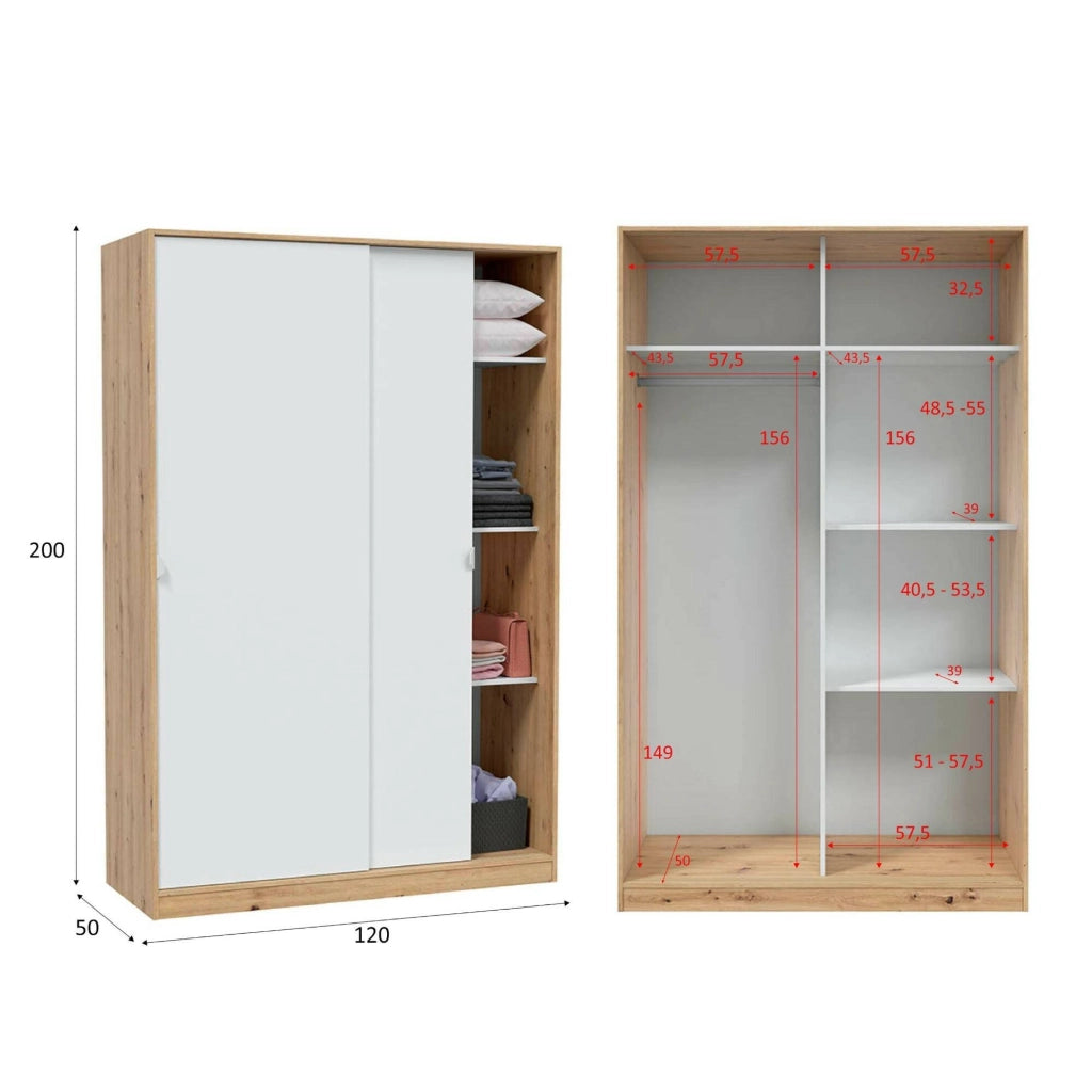 Guardaroba Adrenalin, Armadio per camera da letto a 2 ante scorrvoli, Mobile con 3 ripiani e barra appendiabiti, cm 120x50h200, Rovere e Bianco