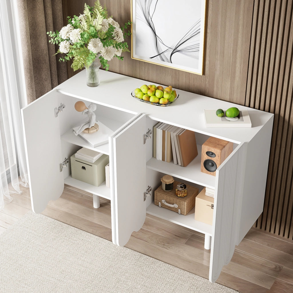 Credenza moderna bianca con 4 ante e ripiani interni, struttura in MDF, 2 colli