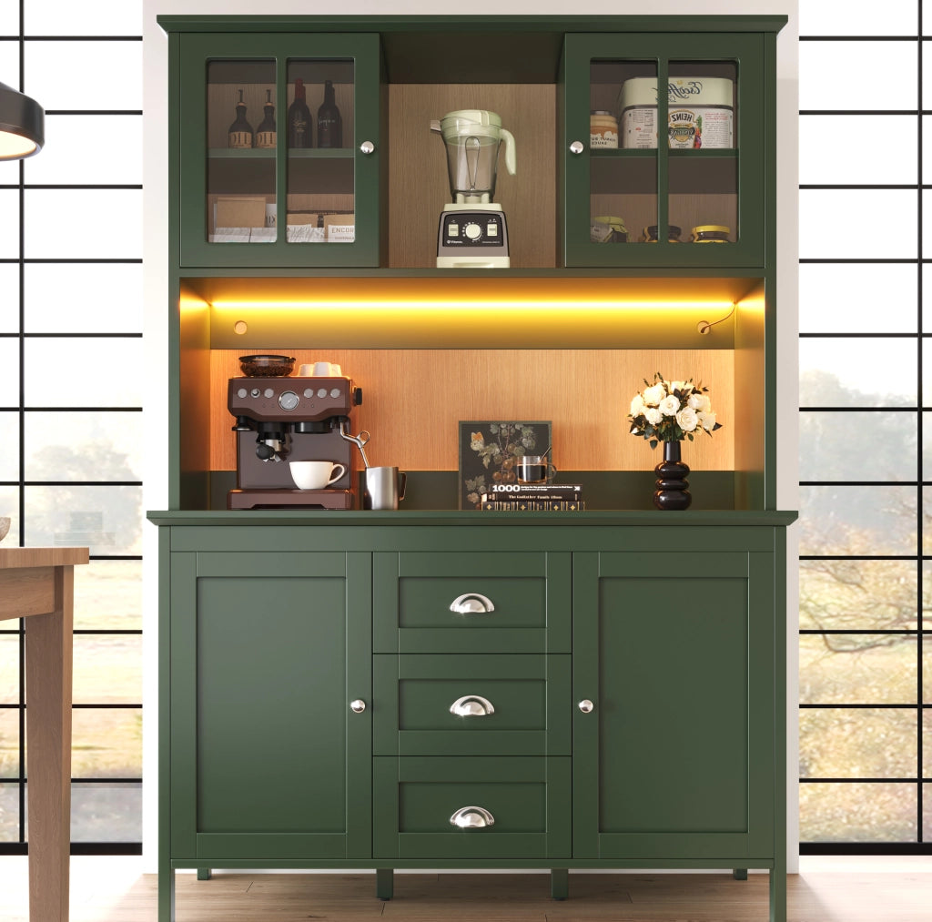 Credenza da cucina verde con LED e vetro, 120x40x179 cm