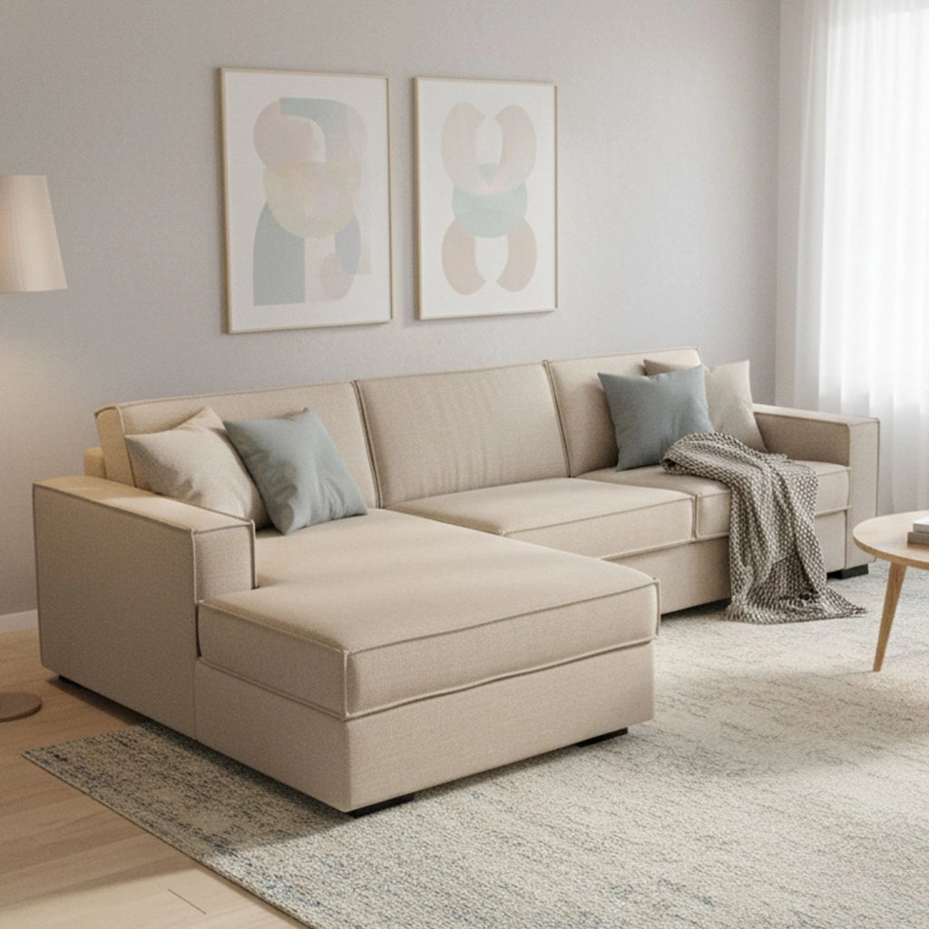 Albenga, Divano Letto con Penisola Sfoderabile Made in Italy, 260x95 cm Beige
