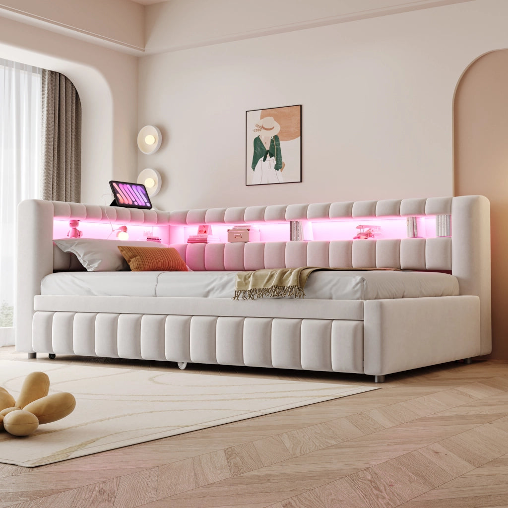 Letto imbottito estraibile 90x200 cm con LED, porte USB e tipo C, tessuto effetto velluto beige