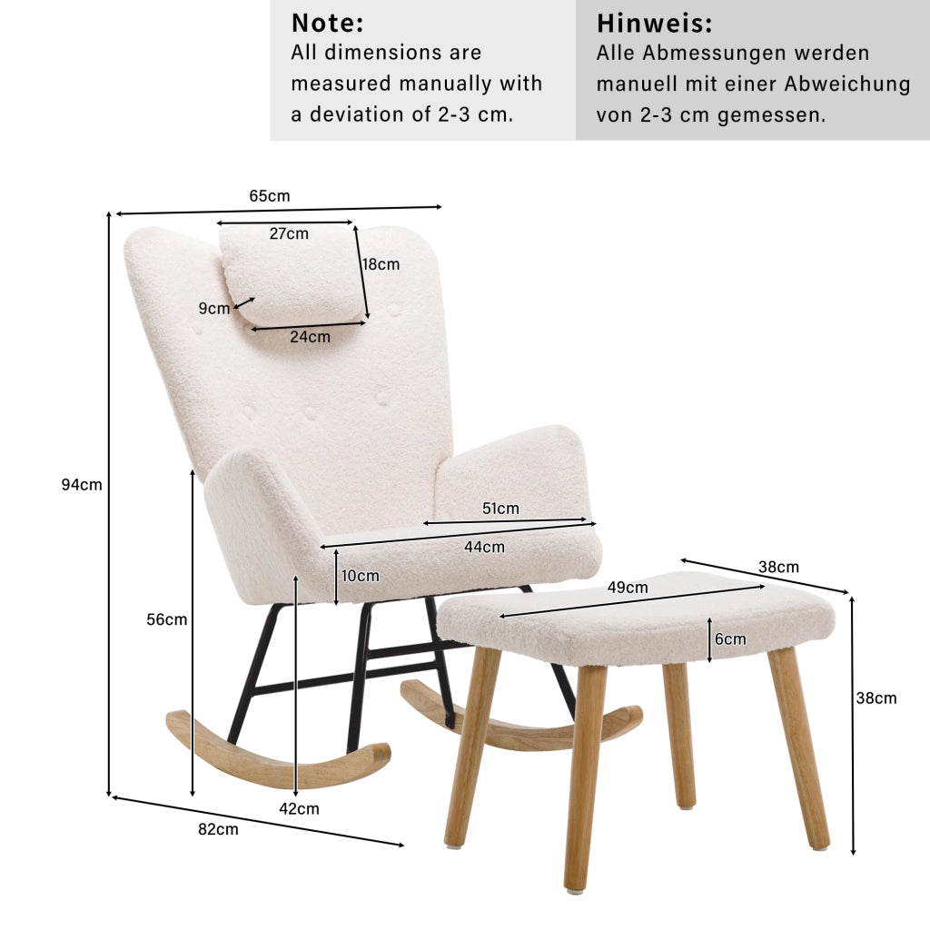 Poltrona a Dondolo con Poggiapiedi ¨C MINIMAL ¨C Tessuto Peluche, Cuscino Cervicale, Bianco