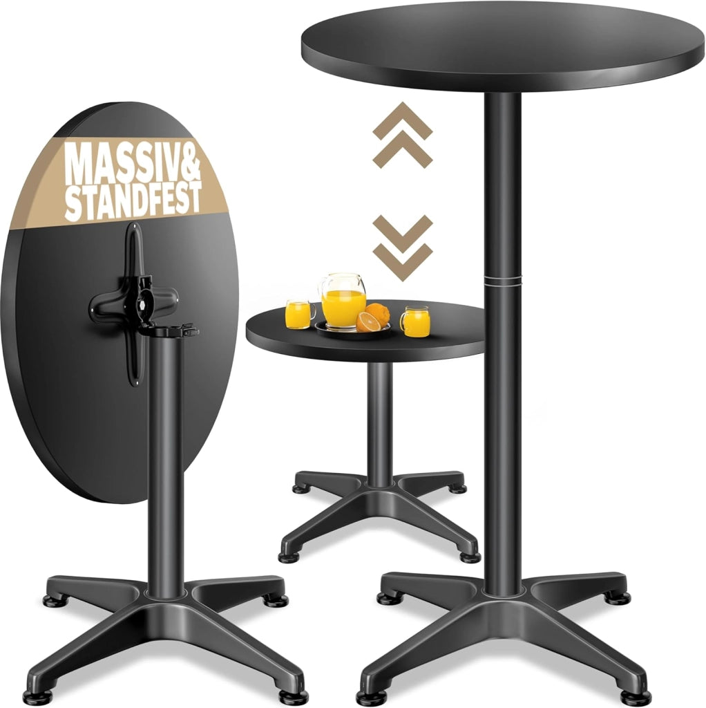 ® Tavolo da Bar 2in1 Regolabile Pieghevole 70 cm/115 cm in Alluminio Ø 60 cm Tavolino da Esterno Interno Nero