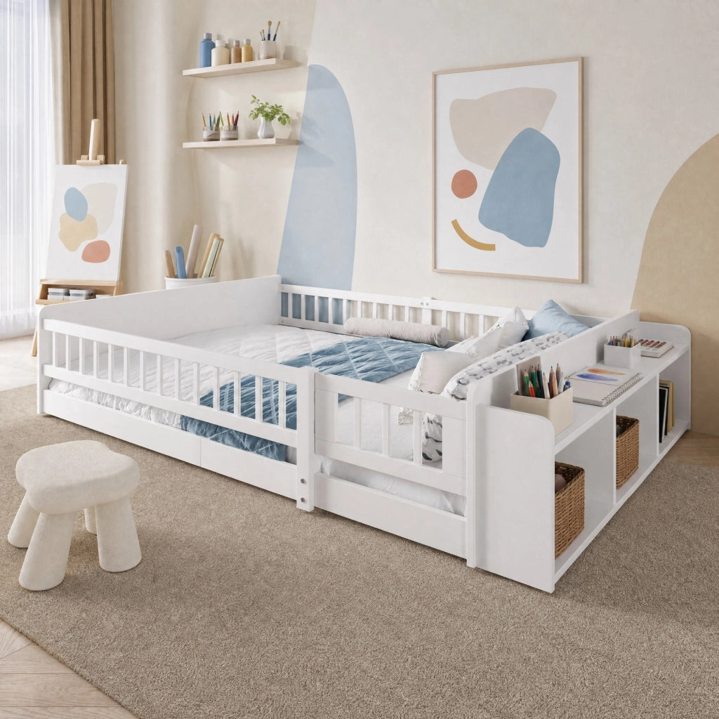 Letto per bambini 140x190 cm in pino e MDF bianco con ripiani