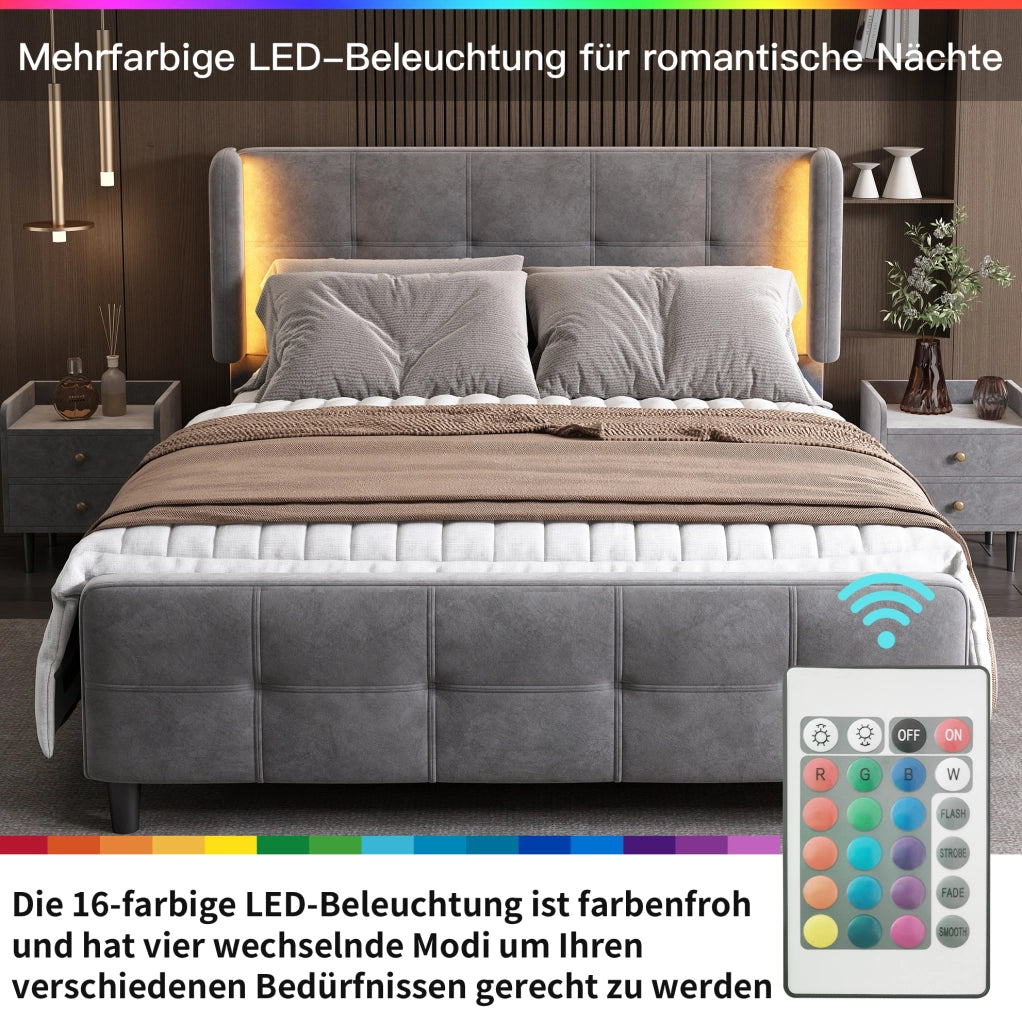 Letto matrimoniale imbottito grigio 140x200 cm con LED