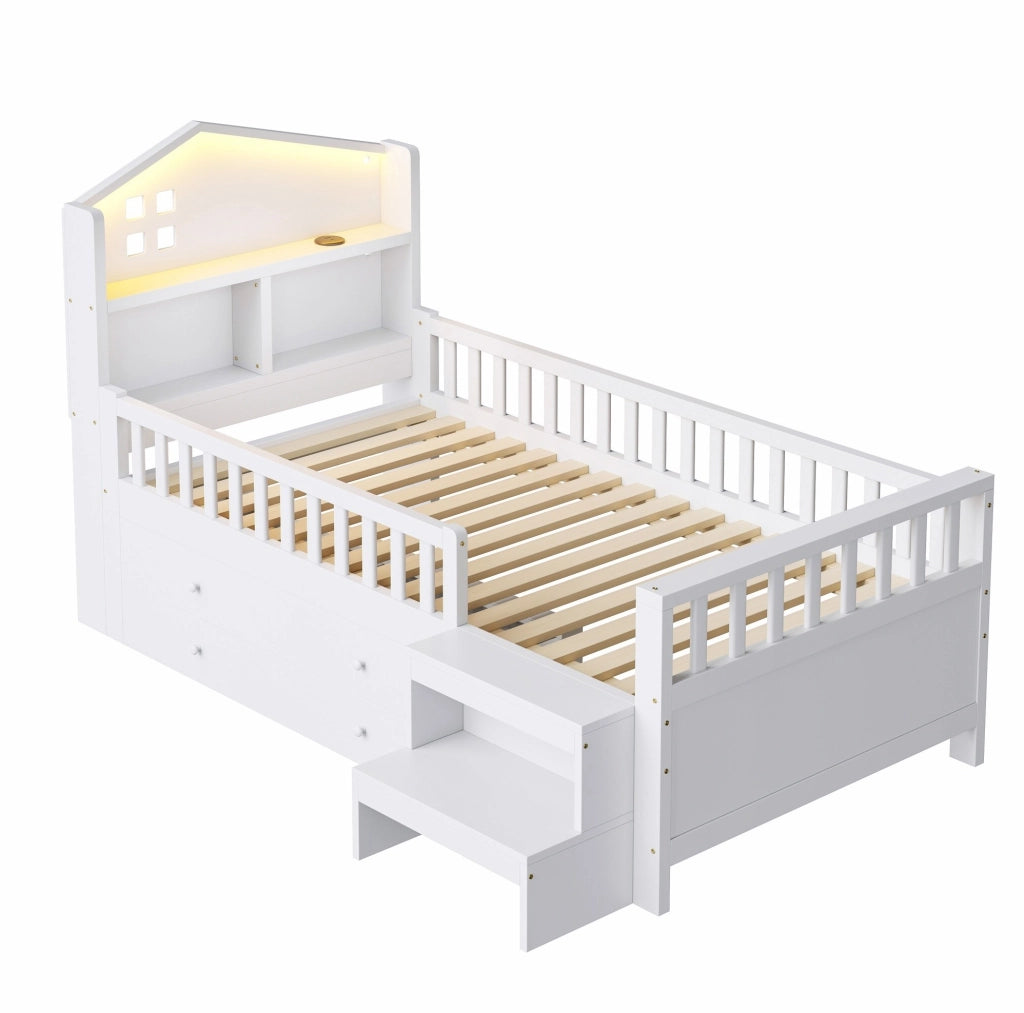 Letto per bambini 90x200 cm con 4 cassetti; LED; USB e USB-C; bianco