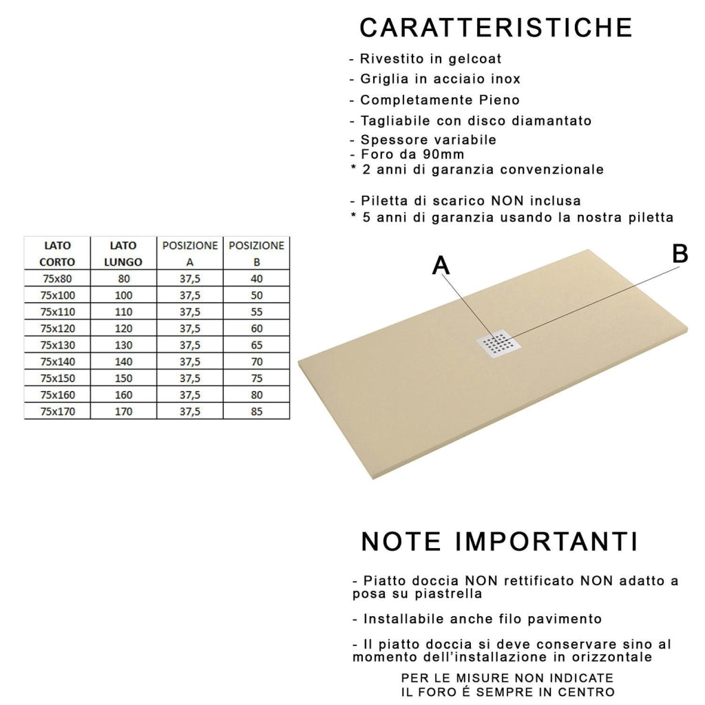 Piatto Doccia in Pietra 80x110 cm Bonussi Ardesia Stone Central Crema