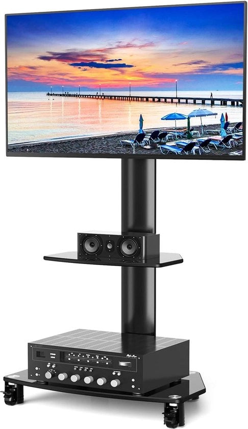 Polo TV per schermo da 27 a 65 pollici - Incluso piano per laptop - Altezza regolabile - Nero - MAX 50KG VESA 400x400 mm stazione TV trasportabile