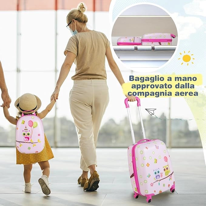 Set di Valigia per Bambini, 16" Valigia+ 12" Zaino, 2 Pezzi, con Ruote Girevoli a 360° e Maniglia Retrattile, Ideale per Viaggiare in Modo Comodo e Divertente (Modello 8)