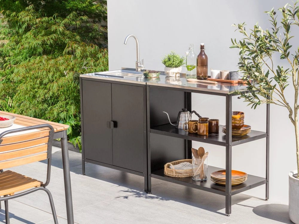 Set di 2 elementi per la cucina all'aperto in acciaio inox nero con vano portaoggetti e  armadietto con lavello cucina da esterno