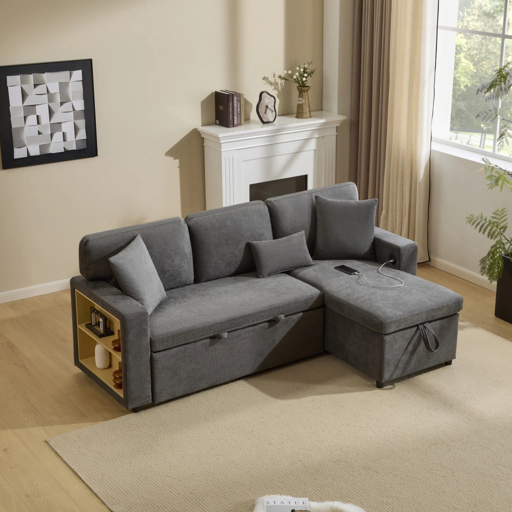 Divano letto angolare 3 posti con contenitore; USB e 3 cuscini; 214 x 131 x 87 cm; grigio scuro