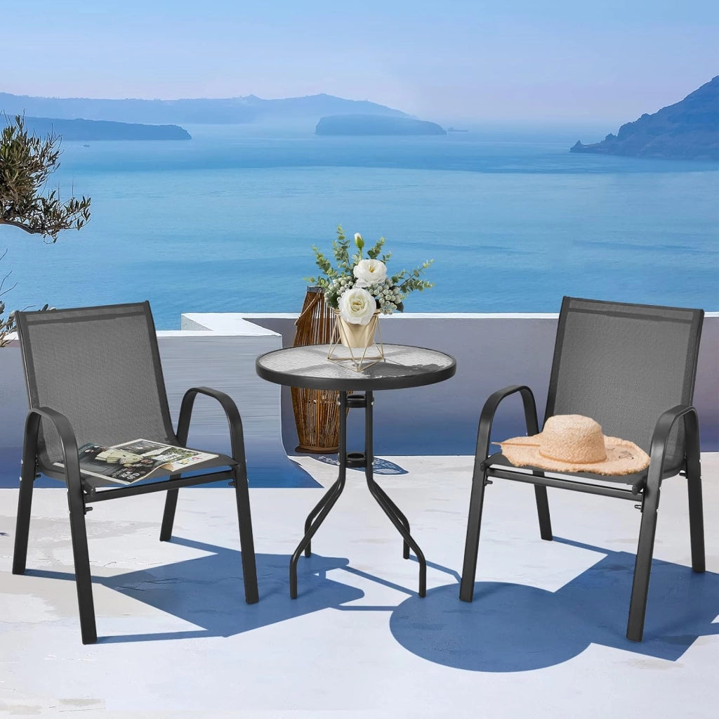 Set di 2 Sedie da Giardino con Tavolo in Vetro, Schienale Alto e Seduta Larga, Telaio in Acciaio Verniciato a Polvere, Tessuto Textilene Traspirante, per Balcone e Esterno (Nero)