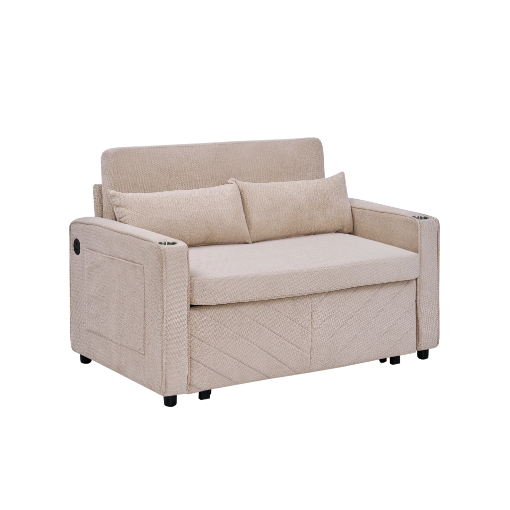 Divano letto 2 posti convertibile con USB e sistema scorrevole in legno e tessuto beige
