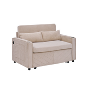 Divano letto 2 posti convertibile con USB e sistema scorrevole in legno e tessuto beige