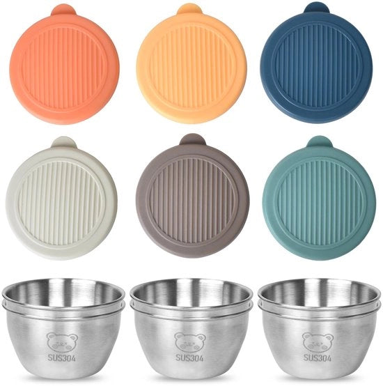Contenitore per Insalata - 6 Pezzi - Contenitori di Cibo in Acciaio Inossidabile - Tappi di Silicone Imprimiti - Riciclabile - Resistente al Lavastoviglie - 80 ml